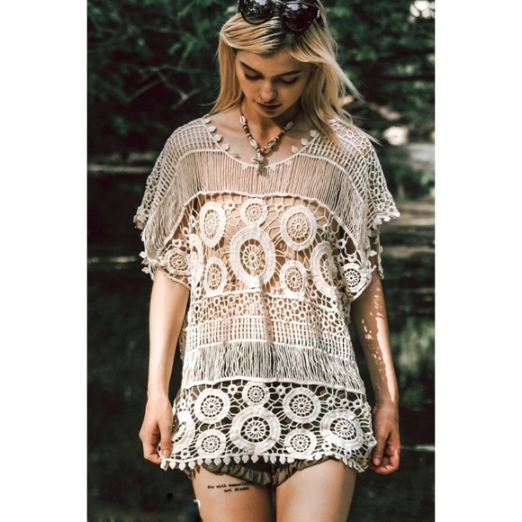 Cream Crochet Geometric Pattern Sheer Layering Tunic Top - Picture 9 of 9
